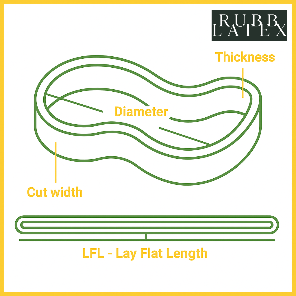 Technical illustration of a Rubblatex rubber band showing diameter, thickness, cut width, and lay flat length with labeled measurements.